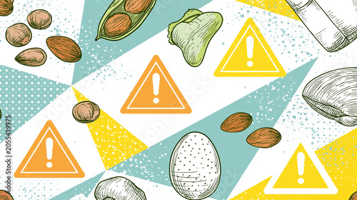 Food allergy warning concept with nuts and allergenic foods alongside caution symbols illustrating allergen risk food safety labeling and allergy awareness