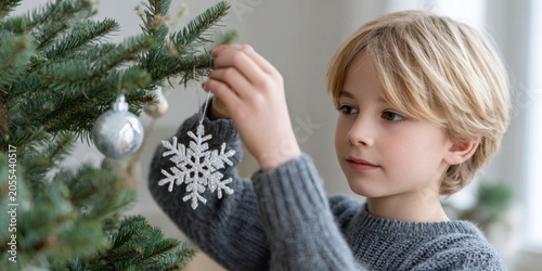 a blond boy hanging a snowflake ornament on a christmas tree