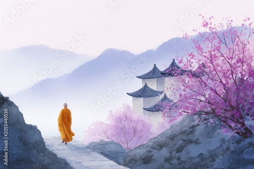 a buddhist monk is walking on the mountain, asian architecture in the misty background, a sakura tree in the distance