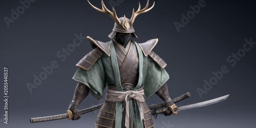 a character concept art of an ancient japanese warrior wearing bronze armor and holding two katanas, against a dark background
