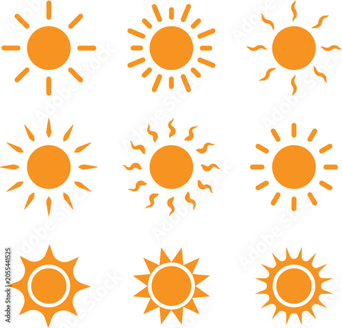 Foto Yellow sun icons set featuring sunshine, solar glow, sunrise and sunset illustra