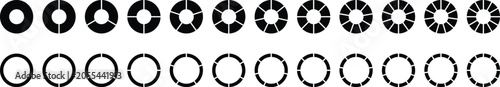 Circle divides on 1 to 9 equal parts. Wheel round diagram part symbol. Infographic element round shape, Circle semicircle quarter shapes. Black segmented circle set.