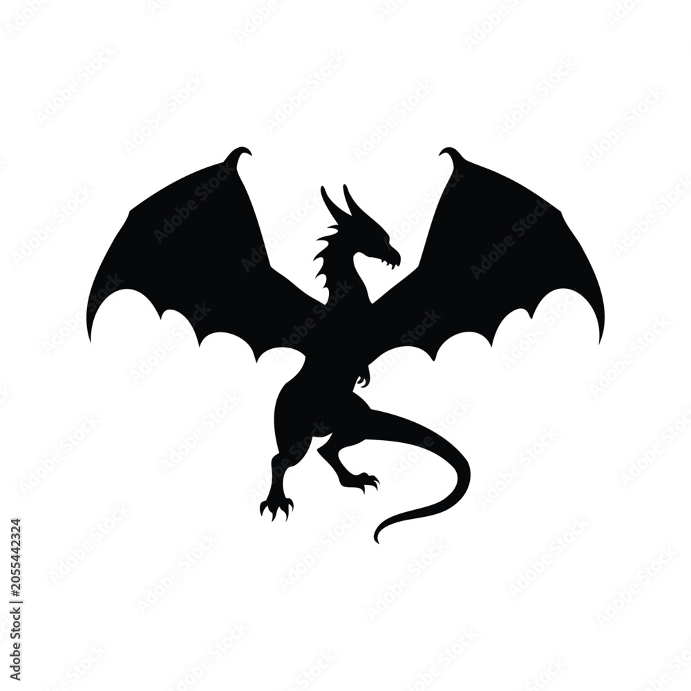 Fototapeta premium Silhouette of a dragon with wings spread, fantasy creature, silhouette vector illustration, dragon with spread wings silhouette vector illustration