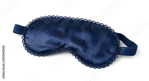 Dark blue satin sleep mask with decorative scalloped trim, isolated on white background