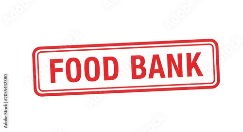 A bold red rectangular frame with the words food bank prominently displayed in bold white uppercase letters, symbolizing community support and food donation efforts