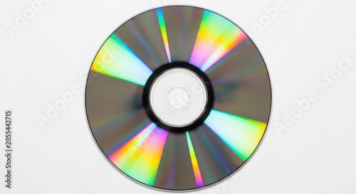 Shiny CD DVD Disc with Colorful Iridescent Reflections Isolated on White Background for Technology and Media Concepts