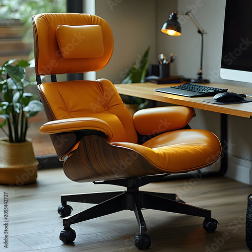 Modern orange office chair desk workspace.