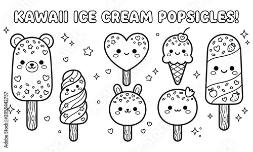 Kawaii ice cream popsicles and cones collection black and white line art