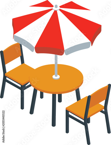 Fotografie Isometric Outdoor Cafe Table Vector Featuring Patio Furniture with Striped Umbre