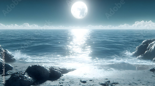 Moonlight shining on ocean waves rocks.