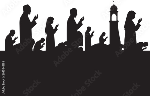 Cuadro en lienzo Group of people praying in silhouette with mosque and minaret.