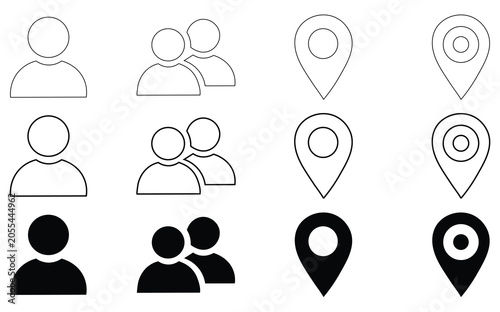 User Tracking and Geolocation Vector Icon Set Avatar Profile and Map Pin Symbols in Outline and Solid Styles