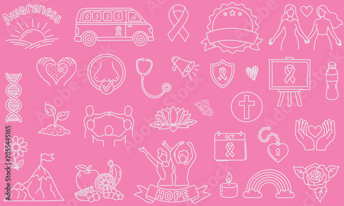 Hand drawn breast cancer awareness doodle icon set featuring healthcare, support, ribbon, survivor and women's health symbols. Editable stroke vector illustration.