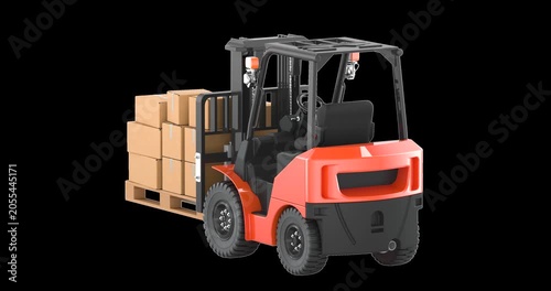 Forklift truck with pallet of boxes rotation animation seamlessly loopable. 3D rendering isolated on transparent background