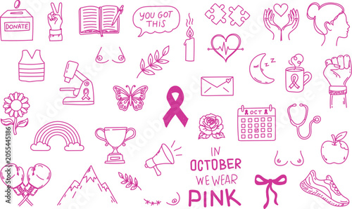 Hand drawn breast cancer awareness doodle icon set featuring healthcare, support, ribbon, survivor and women's health symbols. Editable stroke vector illustration.