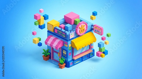 Colorful 3d isometric storefront with floating blocks and potted plants on blue background