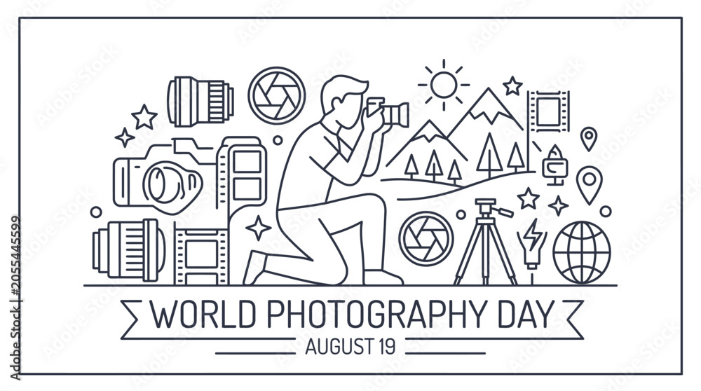 Fototapeta premium World Photography Day linear illustration with photographer and camera equipment.