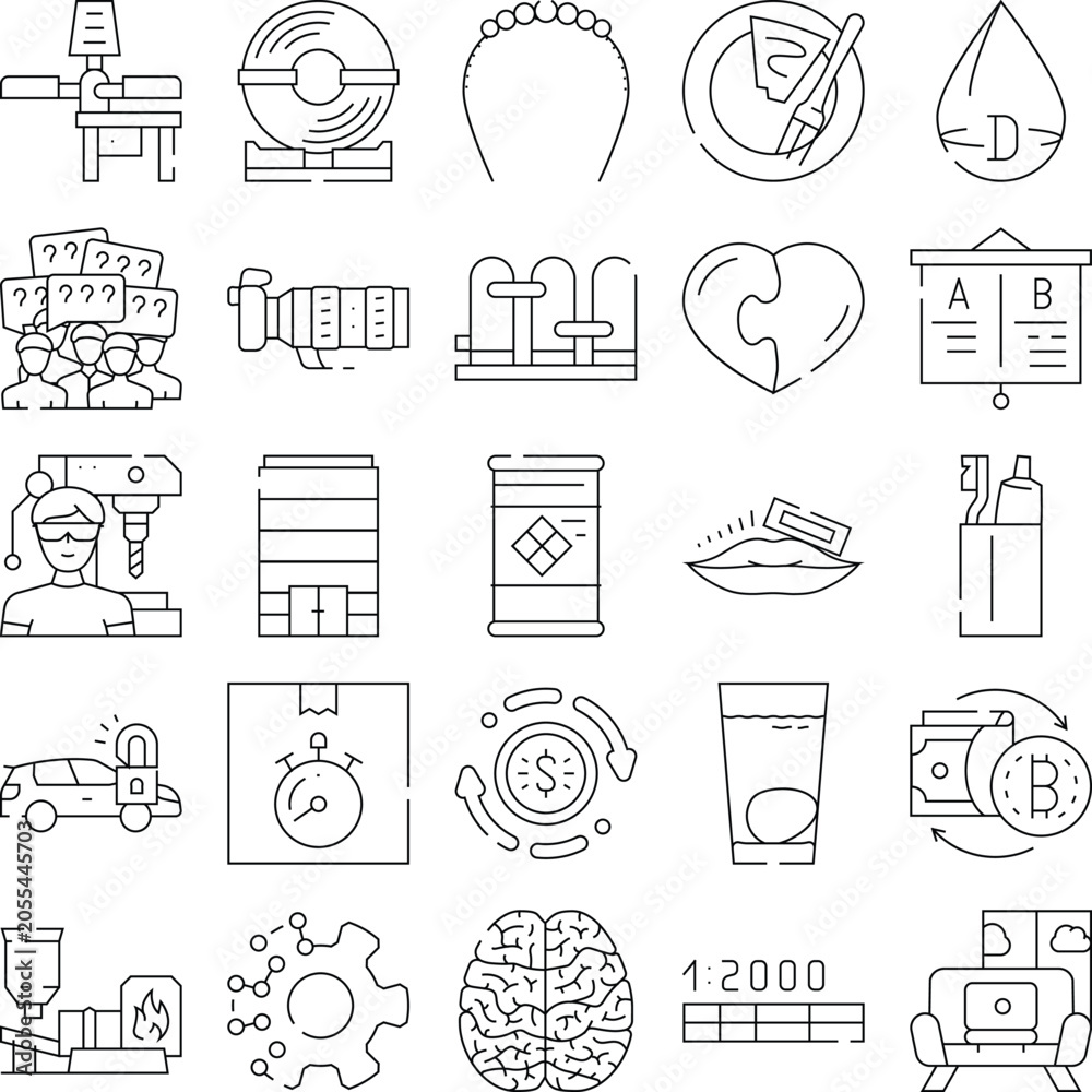Fototapeta premium Variety of outline icons illustrating diverse concepts including finance, logistics, manufacturing, communication, and human health elements on a clean white background
