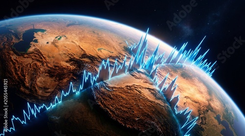 Earth from space with glowing blue data graph overlay representing global communication