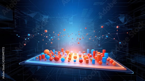 3d rendering of colorful data visualization on a digital tablet with floating spheres