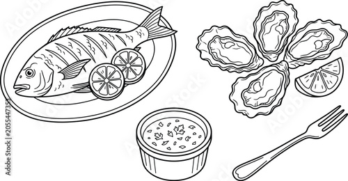 Obraz na płótnie Gourmet Seafood Platter Vector Icon Set with Whole Grilled Fish Fresh Oysters Cr