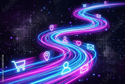 Neon lit digital communication network with icons