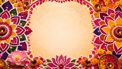 Colorful Indian Flower Rangoli Floral Pattern Frame With Burning Diya Lamps Banner Background