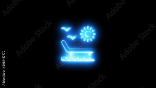 Glowing neon beach lounge chair with sun and seagulls animation