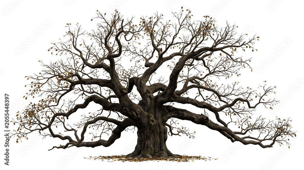 Fototapeta premium Ancient, sprawling oak tree with bare branches reaching outwards against a white background