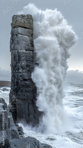 Ocean wave crashing against rocky coastline.