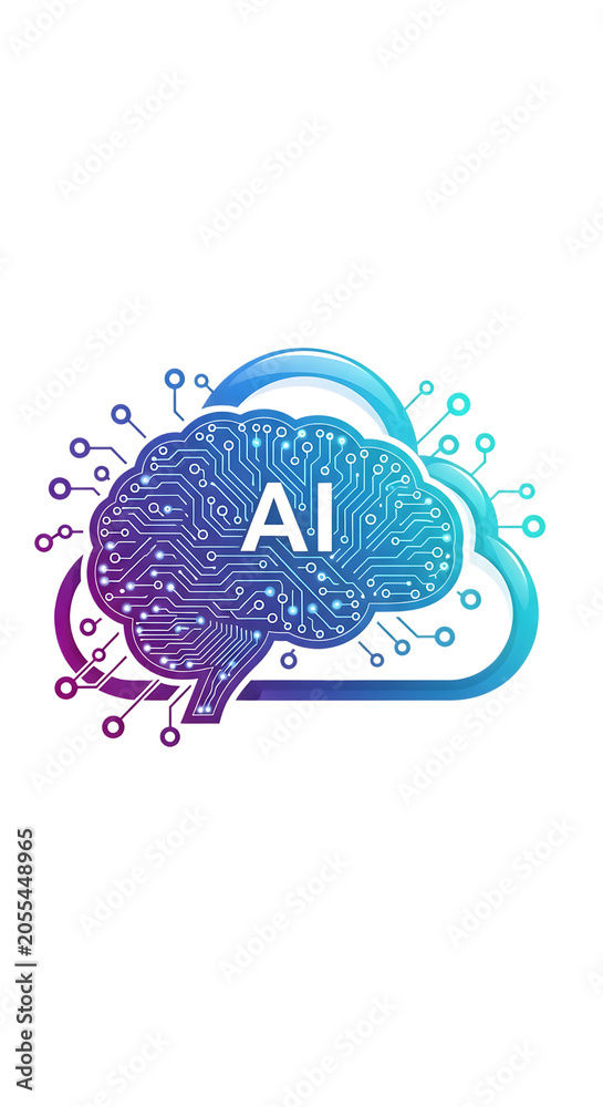 Fototapeta premium AI technology cloud with brain shape made of circuits symbolizing advanced digital learning and data processing.