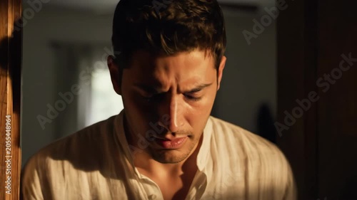 Man looking down thoughtfully wearing a light colored shirt indoor setting