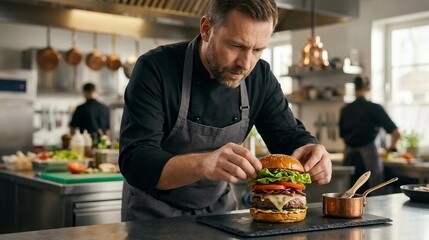 Professional Male Chef Assembling Gourmet Beef Burger on Slate Board in Restaurant Commercial Kitchen