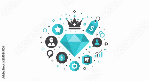 Premium Business Value and Excellence Concept Illustration with Diamond, Crown, and Financial Icons for Marketing and Brand Strategy