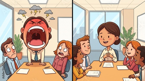 Split view cartoon of toxic vs healthy work environment showing an angry boss screaming at shocked employees and a calm female leader conducting a peaceful team meeting vector illustration