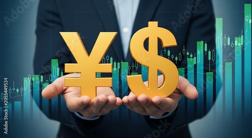 Golden Yen and Dollar Symbols Held in Hands Against Stock Market Chart Background currency finance money
