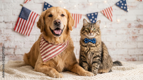 Golden Retriever dog and tabby cat sitting together in patriotic accessories.