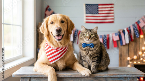 Golden retriever dog and tabby cat wearing patriotic bowties for July 4th.