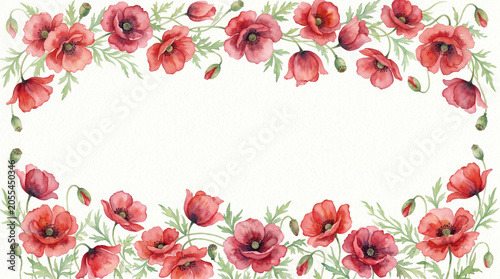 Hand-painted watercolor red poppy floral frame for greeting card design.