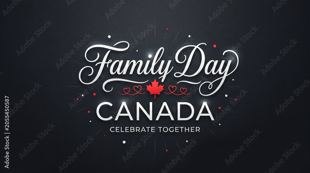 Obraz premium Family Day Canada Celebrate Together greeting on dark background with sparkles.