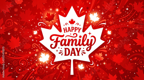 Happy Family Day greeting on a red background with maple leaves and patterns.