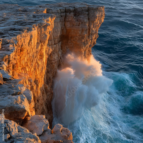 Ocean waves crashing against rocky cliff.