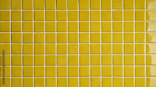 A grid of small, glossy, mustard-yellow square tiles with white grout lines