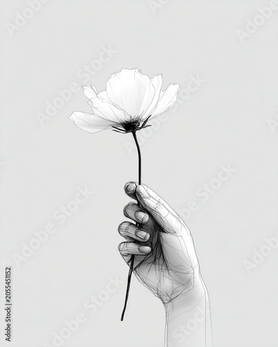 Continuous one line drawing of a hand holding a flower