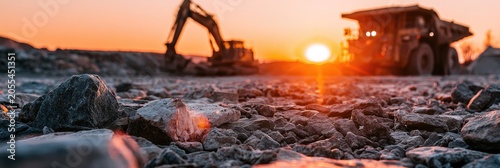 Massive mining equipment silhouetted against a fiery sunset over rocky terrain