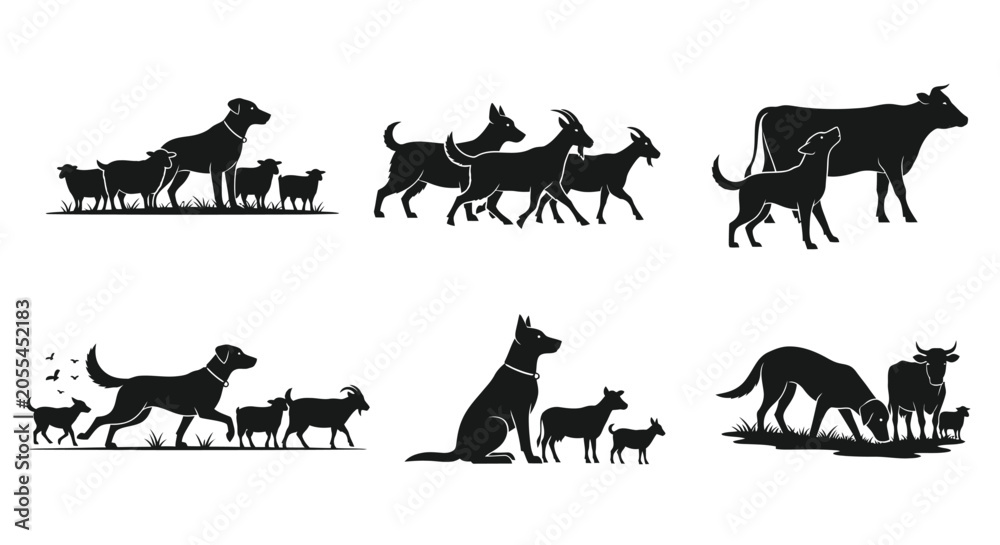 Fototapeta premium Farm animal silhouettes including dogs goats cows and birds black and white silhouette