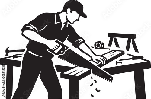 Tableau sur toile Man using handsaw on wood in workshop