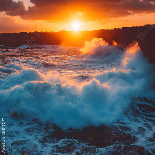 Ocean Waves Crashing at Sunset.