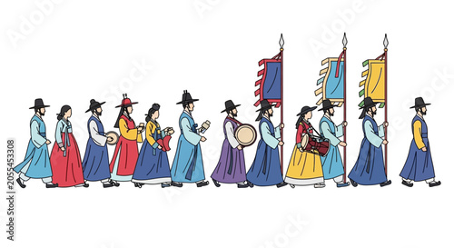 Billede på lærred Traditional Korean procession illustration with people in colorful hanbok carrying flags and musical instruments