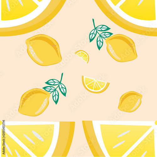 lemon, lemons, citrus, citrus fruit, fruit pattern, seamless pattern, repeating pattern, yellow lemon, lemon slice, lemon wedge, fresh, juicy, summer, tropical, botanical, leaves, green leaves, fruit 